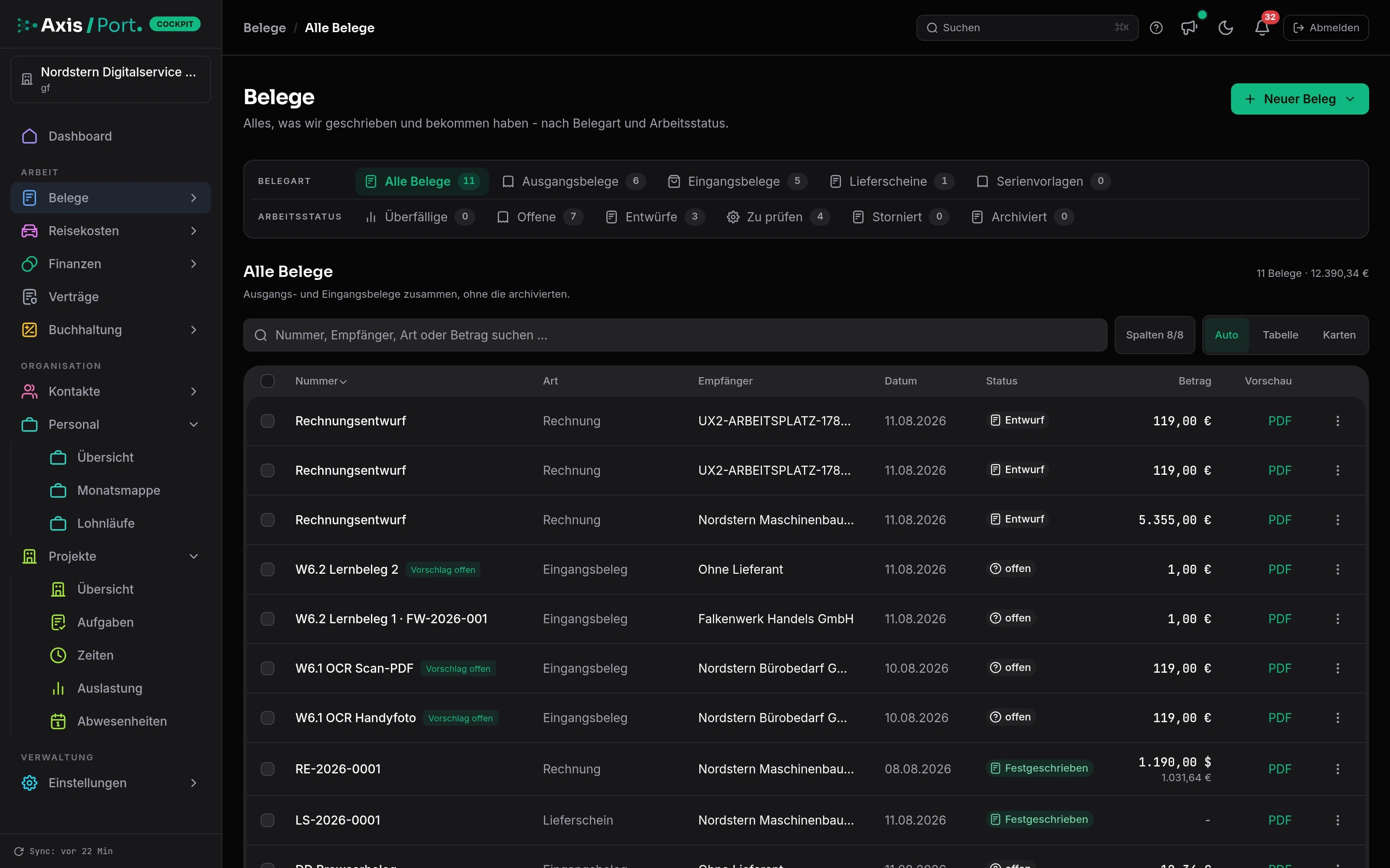 Document overview in AxisCockpit with only fictitious demo data