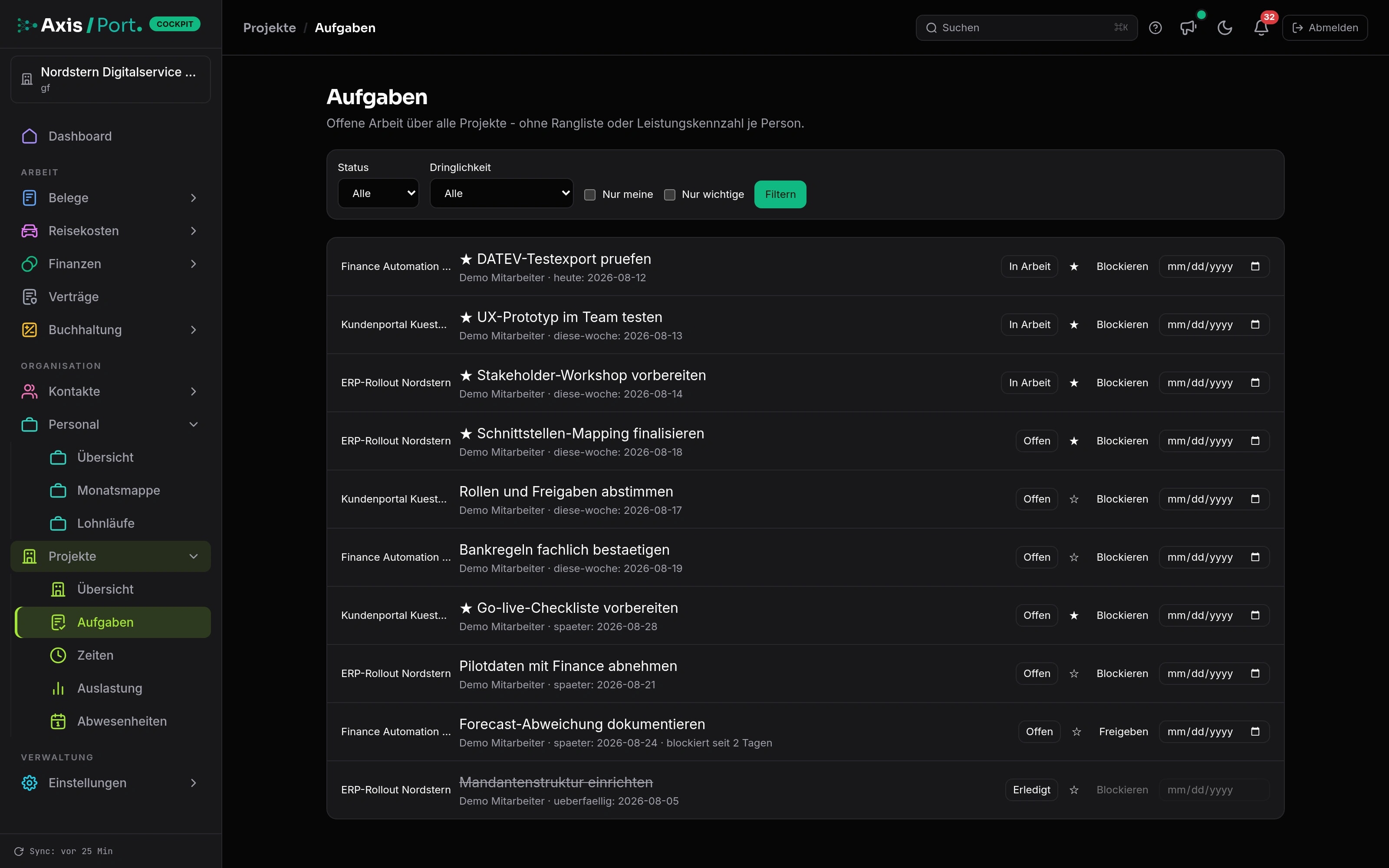 Project tasks in AxisCockpit with a fictitious demo client