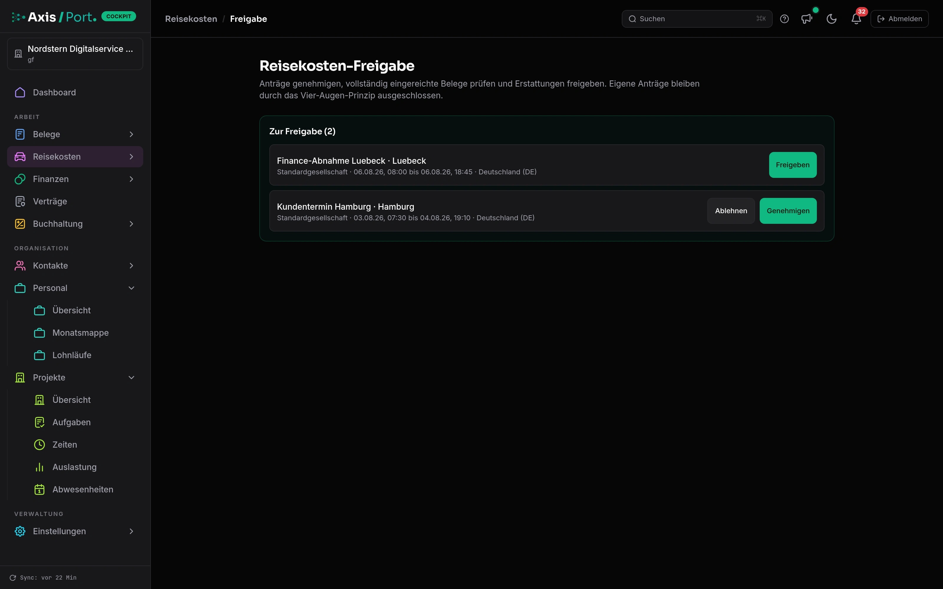 Approval of travel expenses in AxisCockpit with a fictitious demo client