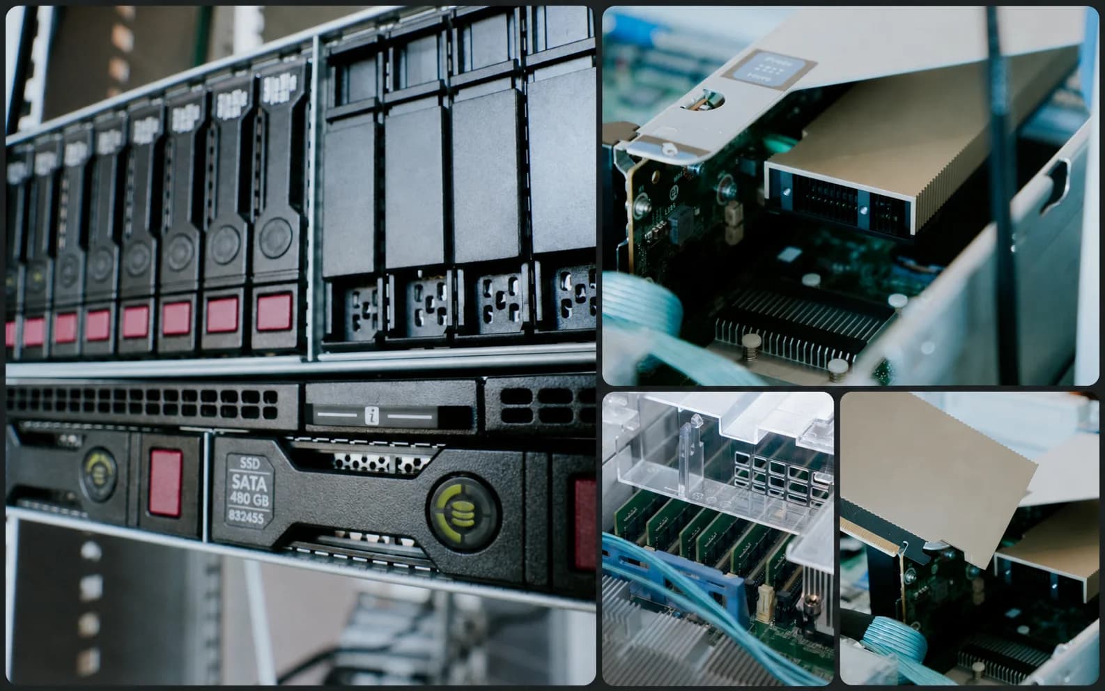 Montage aus Nahaufnahmen von Serverlaufwerken und geöffneter Serverhardware